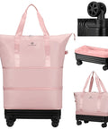 Pink wheeled duffle bag for travel; large expandable luggage with foldable design and wheels.