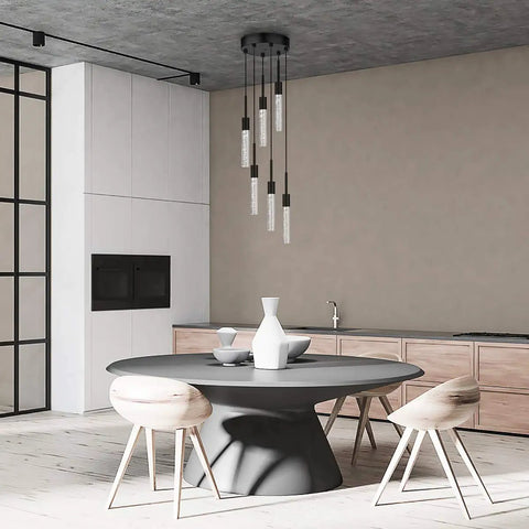 Modern dining room with Dimmable LED Ceiling Pendant Light With Six Lights, Modern Industrial Chandelier, Crystal Bubble Shade