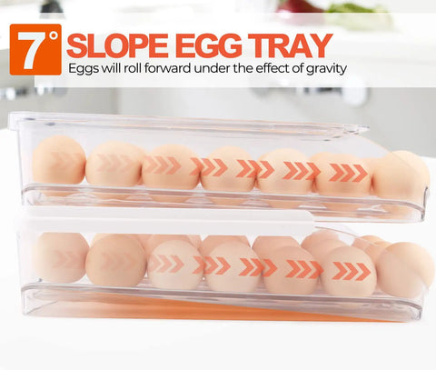 Clear Acrylic Stackable Egg Container For Refrigerator, 36 Count, demonstrating gravity-driven egg rolling feature