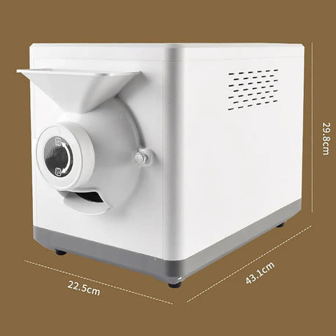 No Sweat Automatic Coffee Bean Roaster Featuring One Click Roast Cycle And Precision Temperature Controls For Even Browning and Top Shelf Flavor For Commercial Cafes side view with dimensions shown.
