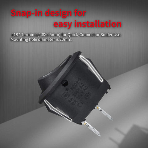 UL Listed 12V Round Rocker Switch SPST On Off 20mm Mini Circle Toggle, side view with snap-in design