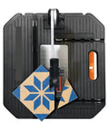 Hella Portable Electric Table Saw Compact Desktop Build with adjustable steel rip fence cutting decorative tiles.