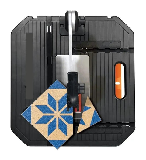 Hella Portable Electric Table Saw Compact Desktop Build with adjustable steel rip fence cutting decorative tiles.