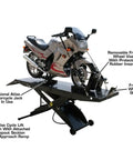 Shop Tough Portable Motorcycle Lift Air Operated Bike Stand 1000 Lb Capacity with motorcycle in removable front wheel vise.