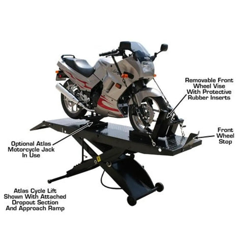 Shop Tough Portable Motorcycle Lift Air Operated Bike Stand 1000 Lb Capacity with motorcycle in removable front wheel vise.