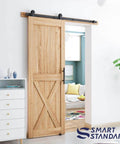 5 Foot Top Mount Sliding Barn Door Hardware Kit With Pull Handle And Floor Guide Fits 30 Inch Wide Door Panel T Shape Hanger DIY Friendly Easy To Install Premium Quality in use, installed on natural wood barn door.
