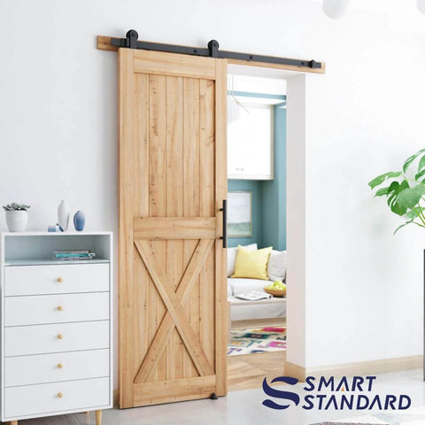 5 Foot Top Mount Sliding Barn Door Hardware Kit With Pull Handle And Floor Guide Fits 30 Inch Wide Door Panel T Shape Hanger DIY Friendly Easy To Install Premium Quality in use, installed on natural wood barn door.