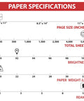 Paper specifications chart for Premium White Copy And Printer Paper 8.5 X 11 Inches Twenty Pound Weight Ninety Two Brightness
