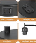 Bedside Table Lamp With USB C Charging Port And Outlets Fully Stepless Dimmable Black Desk Lamp With Glass Shade, close-up on features.