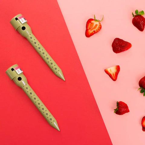 Top view of Super Handy Eight Inch Deep Root Watering Stakes Four Pack In Tan placed next to strawberries on a pink surface.