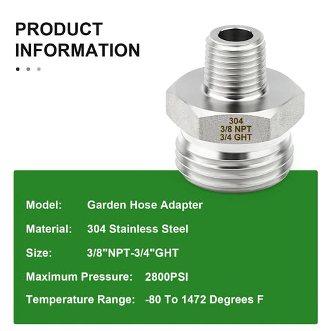 Five Pack 304 Stainless Steel Garden Hose Adapters Three Quarter Inch GHT Male To Three Eighth Inch NPT Male With Washers