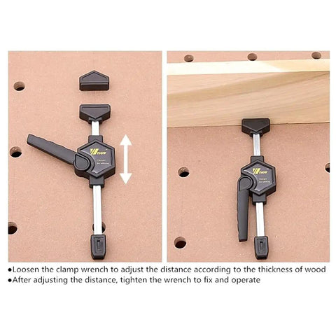 Light Duty Bar Clamp Set for Woodworking on perforated table, adjustable desktop quick clamp fixtures on stable frame