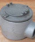 Explosion-proof junction box, C-style, 2-inch threaded conduit hub, side view, cast gray metal