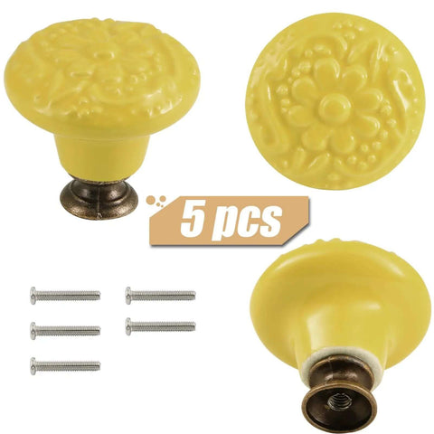 Straight Up Slick Ceramic Cabinet Knobs With Sweet Floral Detailing And Top Notch Yellow Glaze For Kitchen Cupboards And Rustic Drawer Pulls Pack Of Five. Yellow ceramic knob with flower design and screws. 