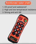 Industrial Wireless Crane Remote Control Kit with Six Buttons and Emergency Stop, showing rugged nylon shell design, waterproof qualities.