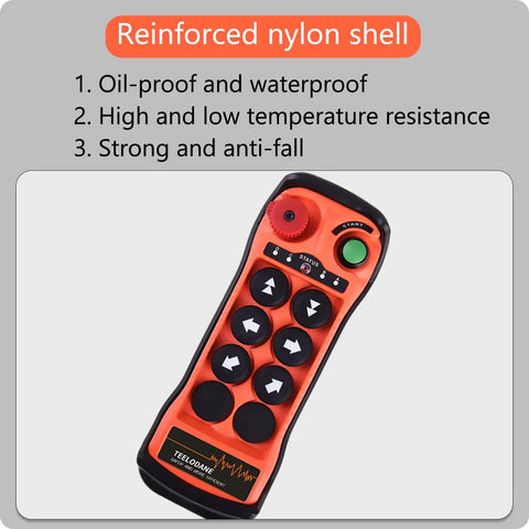Heavy Duty Q600 Industrial Wireless Crane Remote Control Kit featuring reinforced nylon shell and six buttons for electric lift hoist.