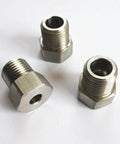 Three silver metal gland fittings for waterjet machines; hex-bodied with male threads and hollow bore