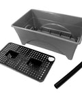 Slate color Start Pickin Raised Bed Grow Box with self-watering reservoir, enhanced aeration screen, and parts for small herb garden setup.