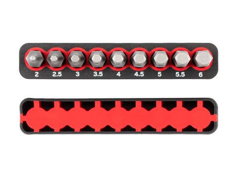 Top view of One Quarter Inch Hex Bit Set With Rail, Nine Piece Extra Long 30 mm Bits, S2 Steel, Corrosion Resistant, Magnetic Holder