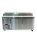 Heavy Duty 16 Cu Ft Two Door Commercial Prep Table Refrigerator In Crisp Stainless Steel with digital controls and adjustable pans.