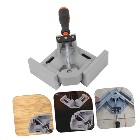 Heavy Duty Right Angle Clamp For Woodworking And Precision Welding With Badass Aluminum Build, grey clamp with handle.