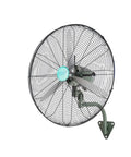 Straight Up Heavy Duty Industrial Floor Fan With Wall Mount Brackets Commercial Grade Oversized Oscillating Head High Velocity All Metal Blades For Warehouses mounted on wall.