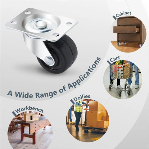 Kick Butt Premium Heavy Duty Rubber Swivel Casters 1-1/2 Inch 12 Pack Low Profile Plate Wheels Smooth Gliding Movement For Tool Haulers And Rolling Workbenches Today, displaying caster with mounting plate.