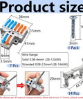 Diagram showing dimensions and components of Two In Six Out Lever Terminal Block Kit For Easy Wiring Distribution with screws and accessories.