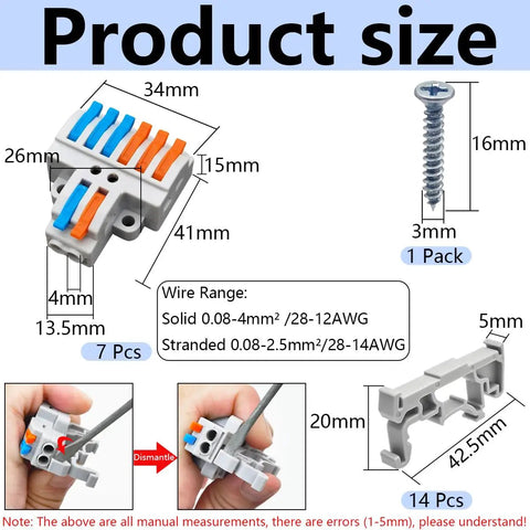 Diagram showing dimensions and components of Two In Six Out Lever Terminal Block Kit For Easy Wiring Distribution with screws and accessories.