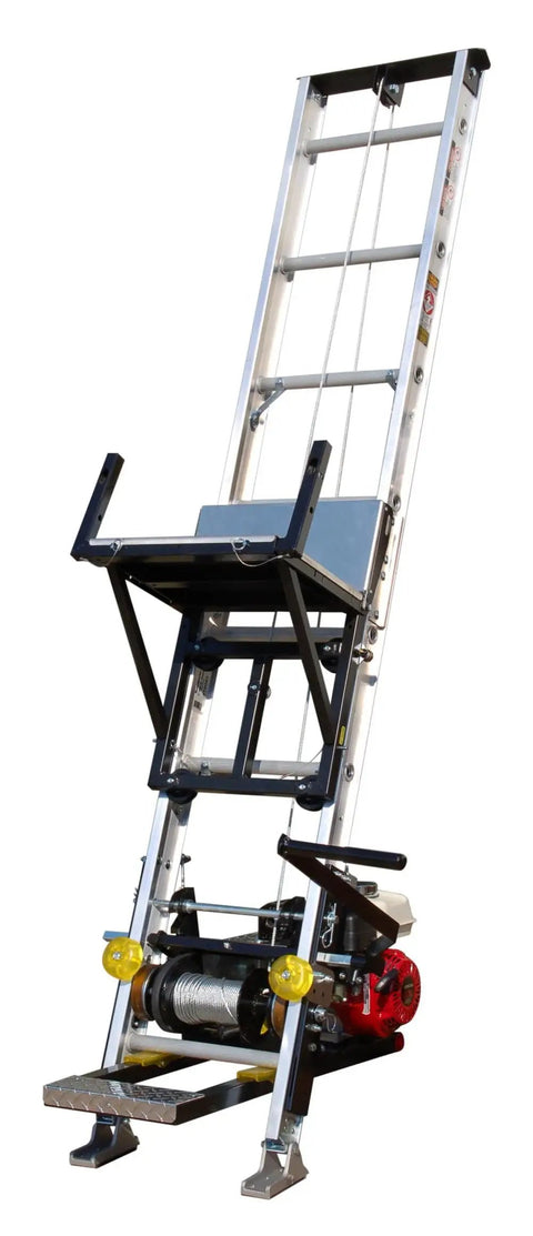 Heavy Duty 400 Pound Ladder Hoist With 28 Foot Reach featuring a steel frame and aluminum deck for lifting materials safely.