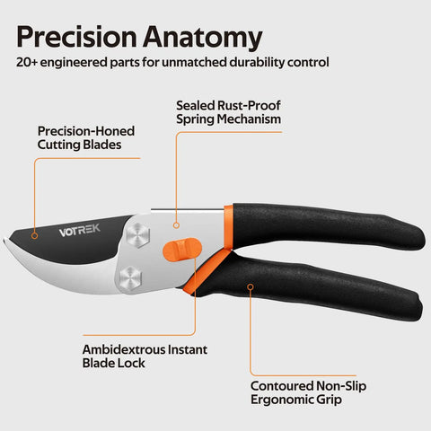 Diagram of Heavy Duty Pruning Shears 8.5 Inch Pro Garden Pruner with features labeled, showing blades, spring, and ergonomic grip handle.