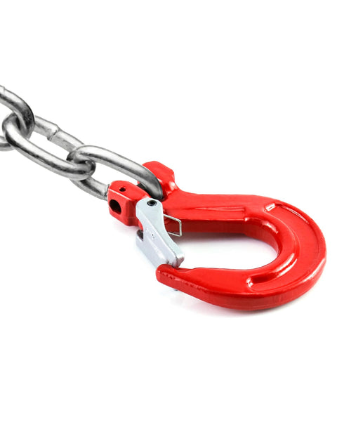 Close-up of a Clevis Slip Hook With Latch, 4 Pack, Five Sixteenths Of An Inch, 2470 Lbs Load Limit, attached to a chain.