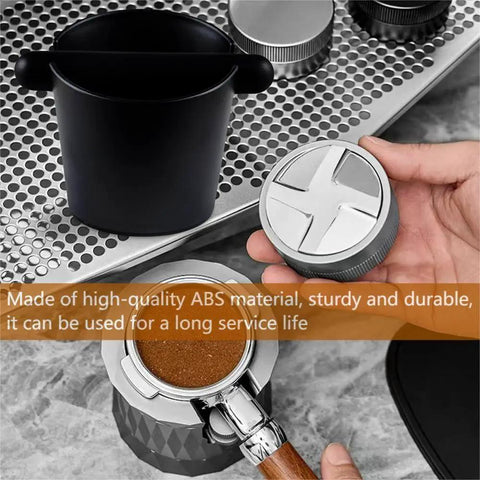 5 Inch Coffee Knock Box With Longer Detachable Knocking Rod Shock Absorbent Durable Non Slip Base Perfect Espresso Dump Bin displayed on metal surface