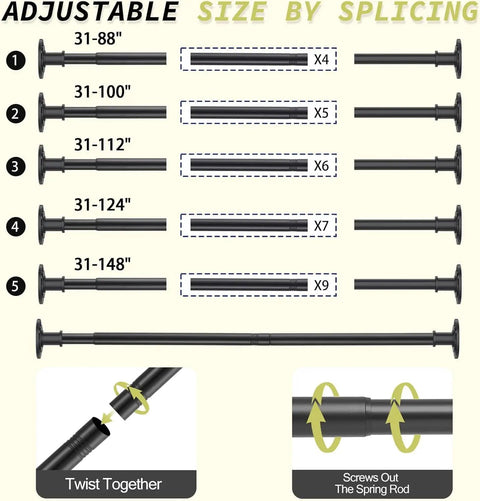 Adjustable splicing of No Drill No Screw Adjustable Tension Curtain Rod 31 To 112 Inches Matte Black Heavy Duty Spring