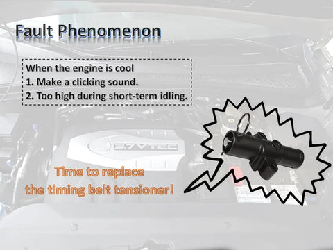 BTH-001 Hydraulic Timing Belt Tensioner OE Replacement Drop-In 14520-RCA-A01 For Honda warning signs and tensioner image.