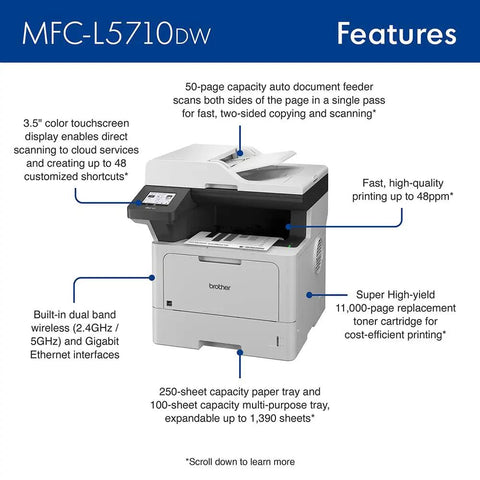 Kick Butt Heavy Duty Monochrome Laser All In One Printer With Automatic Duplex Print Scan Copy High Speed Office Workhorse Plug And Play Bundle Includes Usb And Hdmi Cables features displayed on touchscreen