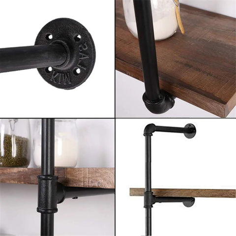 Industrial Iron Pipe Shelf Kit With 5-Tier Wall Mount Brackets, 56 Inch Tall, black open shelving detail and wood shelf close-up