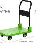 Heavy Duty Flatbed Hand Cart Featuring Slick Four Wheel Rollers And A Tough Foldable Frame, green with 330kg capacity