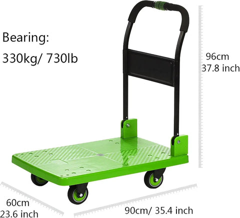 Heavy Duty Flatbed Hand Cart Featuring Slick Four Wheel Rollers And A Tough Foldable Frame, green with 330kg capacity