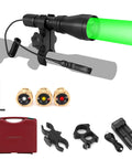 All In One Predator Hunting Light Kit With Four LED Modes Green Red Amber White Scope Rail Mount Rechargeable Batteries Up To 10 Hours For Hog Coyote Coon Varmint And Rabbit Night Hunting kit displayed with accessories