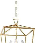 Gold Finish 4 Light Lantern Chandelier With 36 Inch Chain, Industrial Style Indoor Ceiling Fixture, Dimmable, Steel Construction