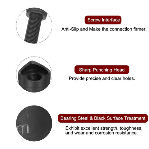 Close-up of 22mm Sheet Metal Punch Kit features highlighting screw interface, sharp punching head, and bearing steel black surface.