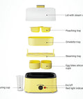 Exploded view of 8 In 1 Electric Egg Cooker Rapid Egg Boiler with trays, lid, and measuring cup, yellow, for meal prep.