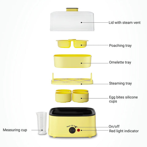 Exploded view of 8 In 1 Electric Egg Cooker Rapid Egg Boiler with trays, lid, and measuring cup, yellow, for meal prep.