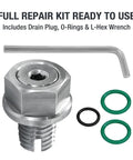 Grease Monkey Approved Oil Drain Plug Repair Kit For Stripped Threads M14.1 X 1.5-15 with drain plug, O-rings, and hex wrench.