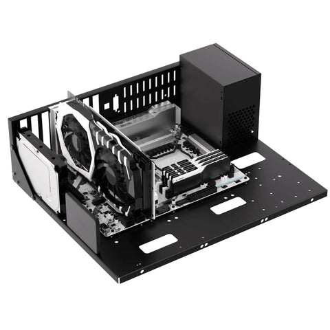 Open Air PC Test Bench Case And Open Frame Techbench For EATX ATX MATX ITX Motherboards DIY Computer Chassis With Large GPU Clearance And ATX Power Supply Compatibility showcasing installed components, including GPU and power supply, on steel frame.