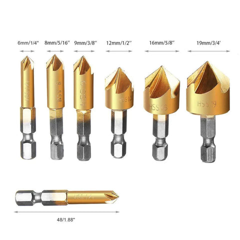 Six Piece Countersink Drill Bit Set With One Quarter Inch Hex Shank HSS Pro Grade Five Flute Countersinks For Wood From Six To Nineteen Millimeters, 90 Degree Center Punch, Quick Change Bit System For Clean, Precise Finishes displayed in various sizes
