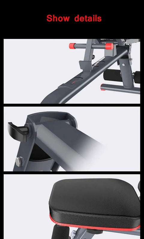 Adjustable Folding Dumbbell Bench For Home Gym With Large Non Slip Foot Pads, close-up of bench details, leather cushion, steel frame