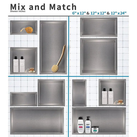 12 Inch By 6 Inch Shower Niche Recessed Caddy In Brushed Nickel Finish Rustproof 304 Stainless Steel Bathroom Shelf Insert Fits 11x5.1 Wall Holes Easy Mounting