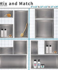 Various sizes of Recessed Shower Niche Organizer In Brushed Nickel Stainless Steel, 12 By 12 In, Rustproof 304 Steel options.